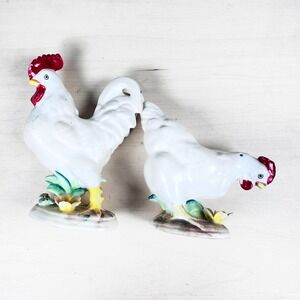 Vintage Porcelain Rooster Hen Salt Pepper Shakers Hand Painted Flowers 78 Estate
